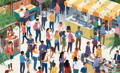 A colorful illustrated scene of many people walking through a busy outdoor market or food stall area with plants, stalls, and storefronts in the background.