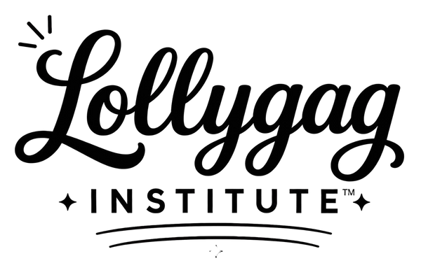 Black script and block lettering reading 'Lollygag Institute' with decorative stars and lines on a plain white background.